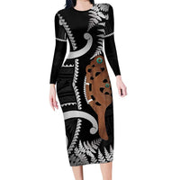 New Zealand Maripi Long Sleeve Bodycon Dress Silver Fern Mix Aotearoa Maori Pattern LT14 Long Dress Black - Polynesian Pride
