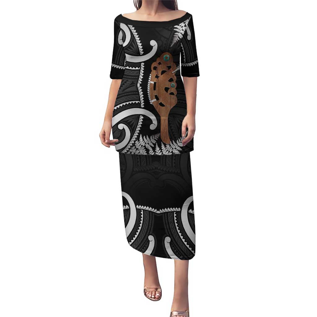 New Zealand Maripi Puletasi Silver Fern Mix Aotearoa Maori Pattern LT14 Long Dress Black - Polynesian Pride