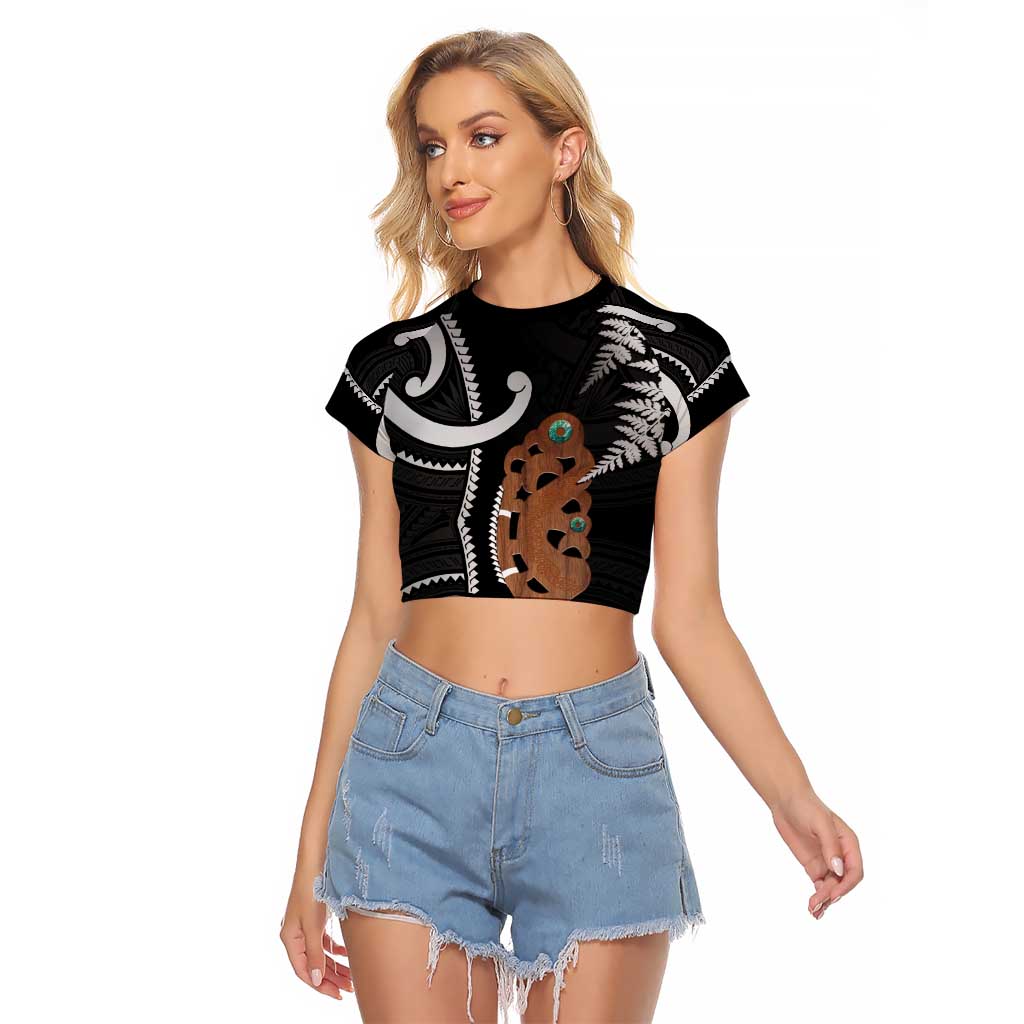 New Zealand Maripi Raglan Cropped T Shirt Silver Fern Mix Aotearoa Maori Pattern