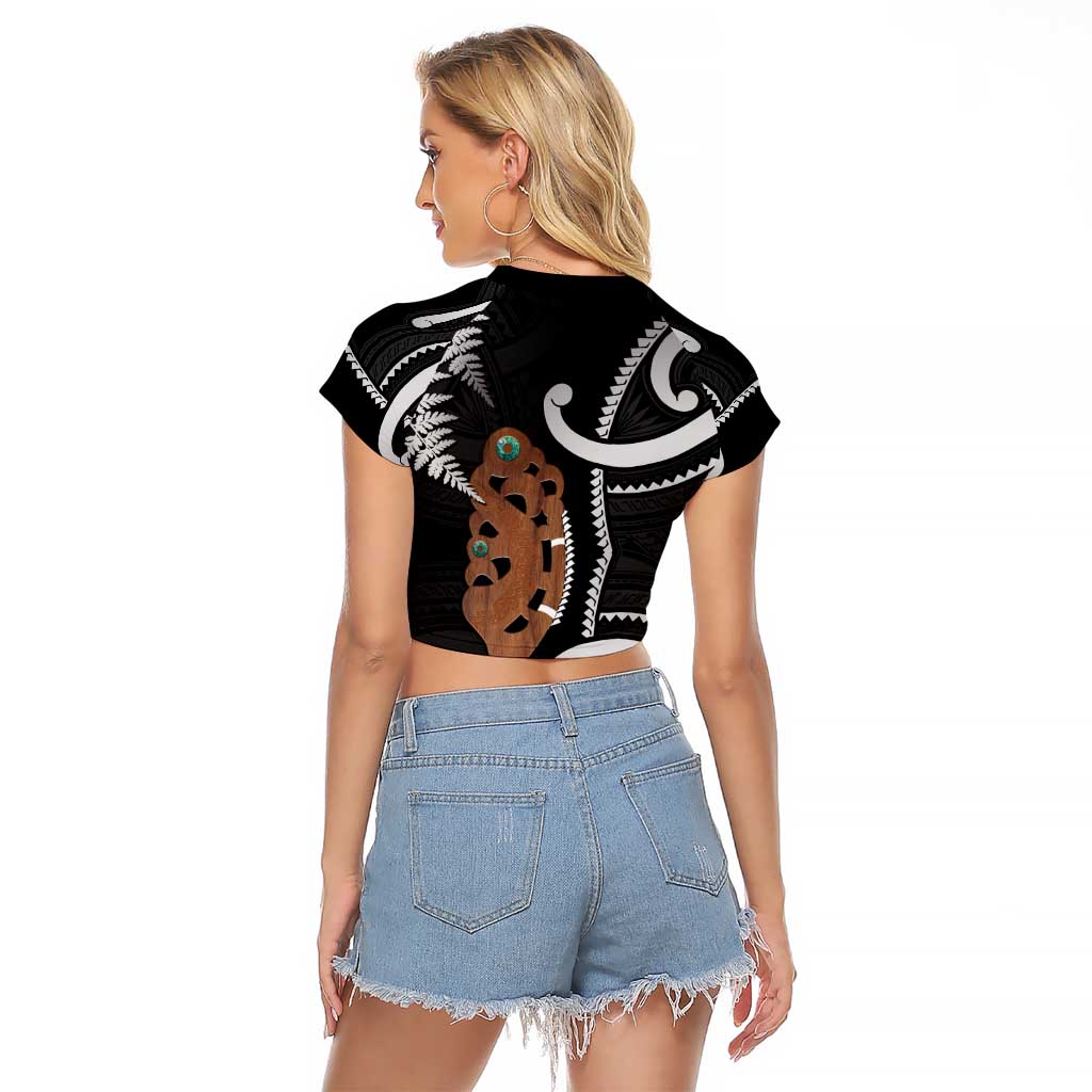 New Zealand Maripi Raglan Cropped T Shirt Silver Fern Mix Aotearoa Maori Pattern