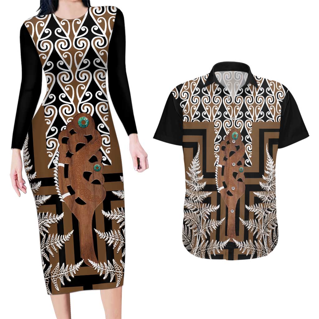 New Zealand Couples Matching Long Sleeve Bodycon Dress and Hawaiian Shirt Maori Maripi Knife With Poutama Art LT14 Brown - Polynesian Pride