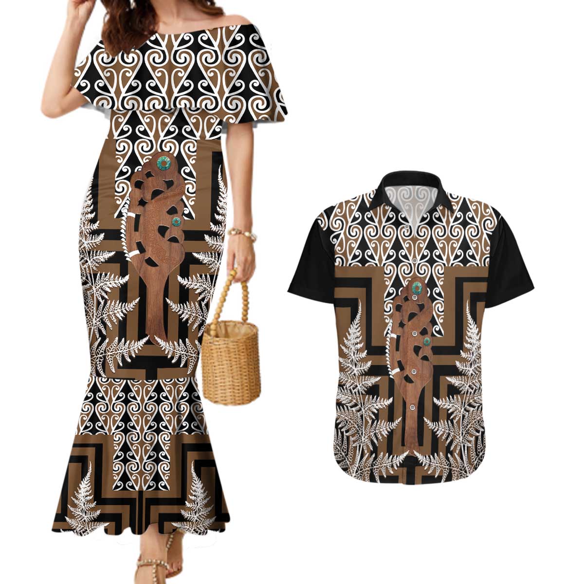 New Zealand Couples Matching Mermaid Dress and Hawaiian Shirt Maori Maripi Knife With Poutama Art LT14 Brown - Polynesian Pride