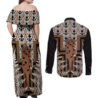 New Zealand Couples Matching Off Shoulder Maxi Dress and Long Sleeve Button Shirt Maori Maripi Knife With Poutama Art LT14 - Polynesian Pride