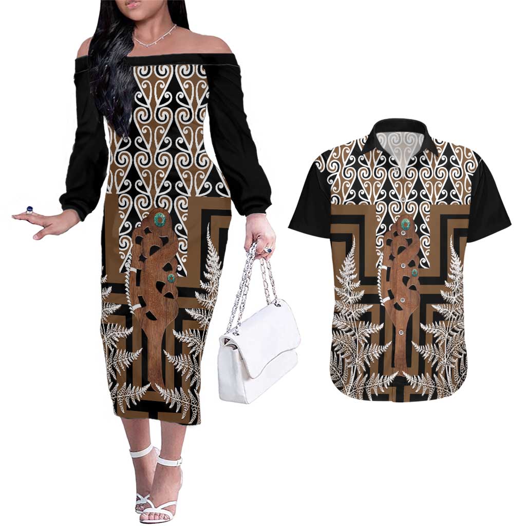 New Zealand Couples Matching Off The Shoulder Long Sleeve Dress and Hawaiian Shirt Maori Maripi Knife With Poutama Art LT14 Brown - Polynesian Pride