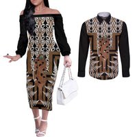 New Zealand Couples Matching Off The Shoulder Long Sleeve Dress and Long Sleeve Button Shirt Maori Maripi Knife With Poutama Art LT14 Brown - Polynesian Pride