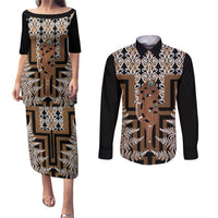 New Zealand Couples Matching Puletasi and Long Sleeve Button Shirt Maori Maripi Knife With Poutama Art LT14 Brown - Polynesian Pride