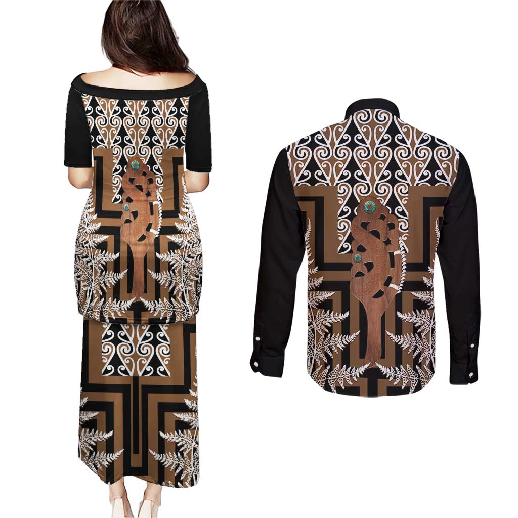 New Zealand Couples Matching Puletasi and Long Sleeve Button Shirt Maori Maripi Knife With Poutama Art LT14 - Polynesian Pride