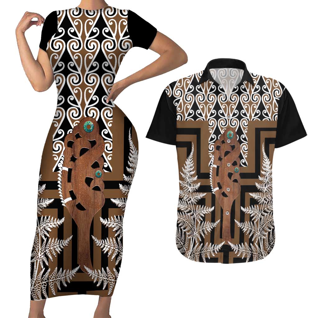 New Zealand Couples Matching Short Sleeve Bodycon Dress and Hawaiian Shirt Maori Maripi Knife With Poutama Art LT14 Brown - Polynesian Pride