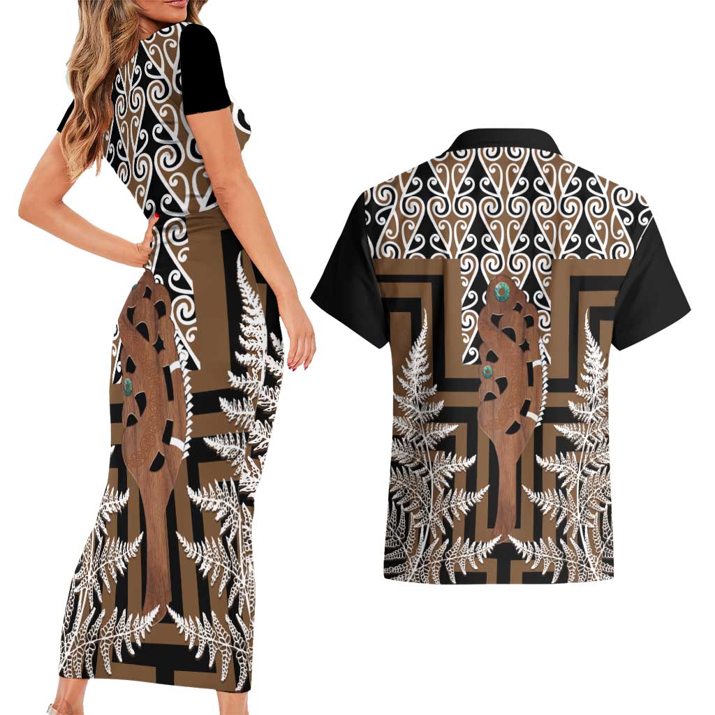 New Zealand Couples Matching Short Sleeve Bodycon Dress and Hawaiian Shirt Maori Maripi Knife With Poutama Art LT14 - Polynesian Pride