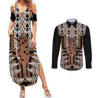 New Zealand Couples Matching Summer Maxi Dress and Long Sleeve Button Shirt Maori Maripi Knife With Poutama Art LT14 Brown - Polynesian Pride