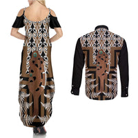 New Zealand Couples Matching Summer Maxi Dress and Long Sleeve Button Shirt Maori Maripi Knife With Poutama Art LT14 - Polynesian Pride