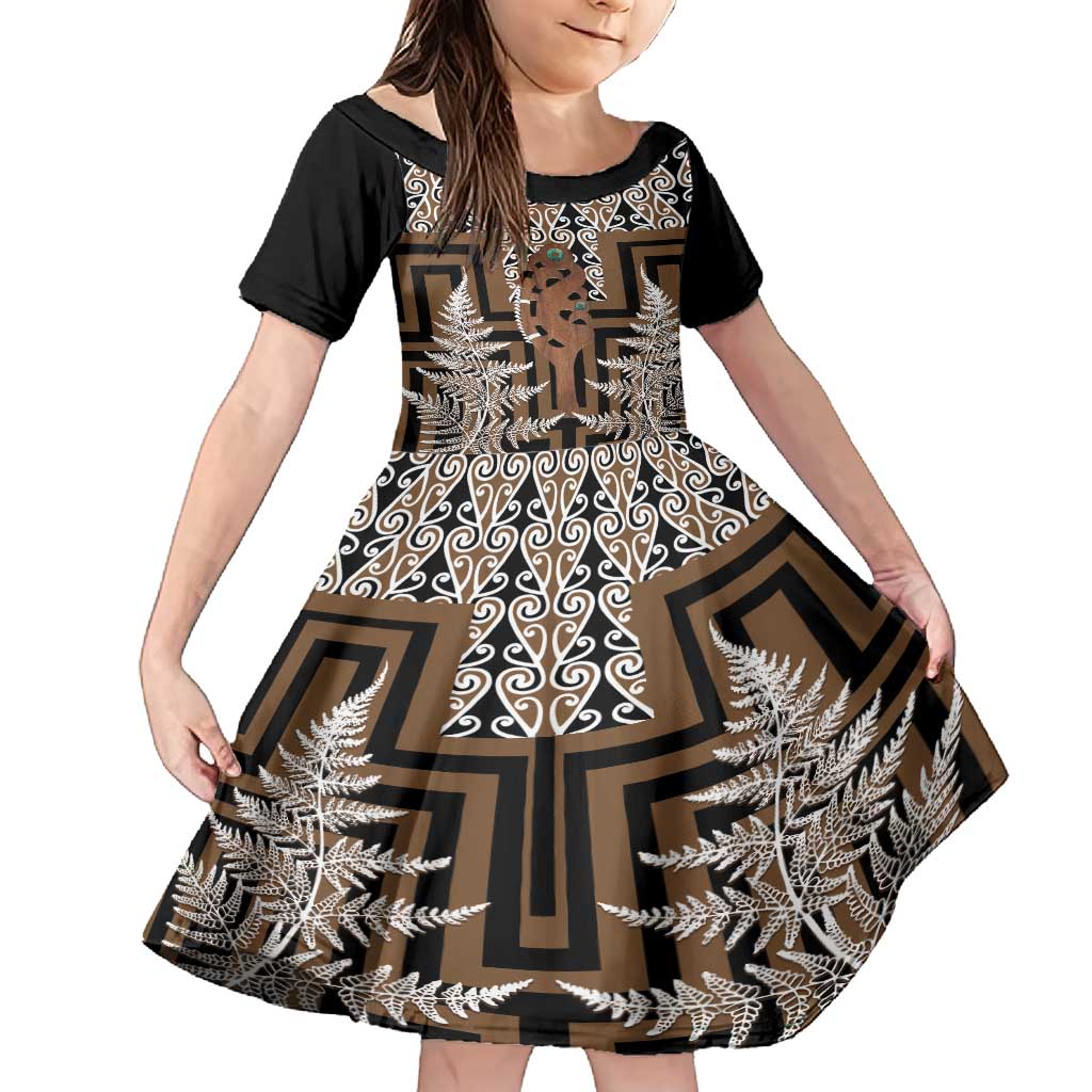 New Zealand Family Matching Long Sleeve Bodycon Dress and Hawaiian Shirt Maori Maripi Knife With Poutama Art LT14 Daughter's Dress Brown - Polynesian Pride