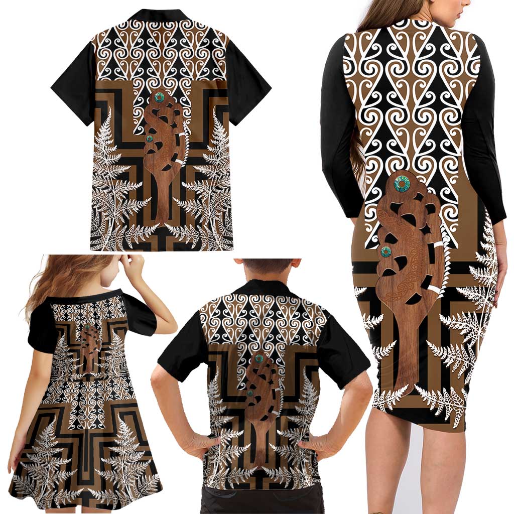 New Zealand Family Matching Long Sleeve Bodycon Dress and Hawaiian Shirt Maori Maripi Knife With Poutama Art LT14 - Polynesian Pride