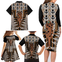 New Zealand Family Matching Long Sleeve Bodycon Dress and Hawaiian Shirt Maori Maripi Knife With Poutama Art LT14 - Polynesian Pride