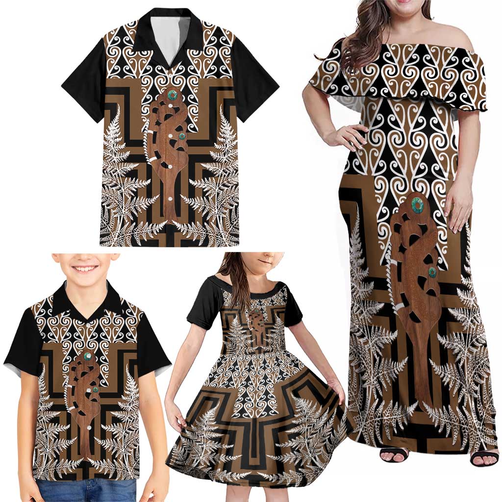 New Zealand Family Matching Off Shoulder Maxi Dress and Hawaiian Shirt Maori Maripi Knife With Poutama Art LT14 - Polynesian Pride