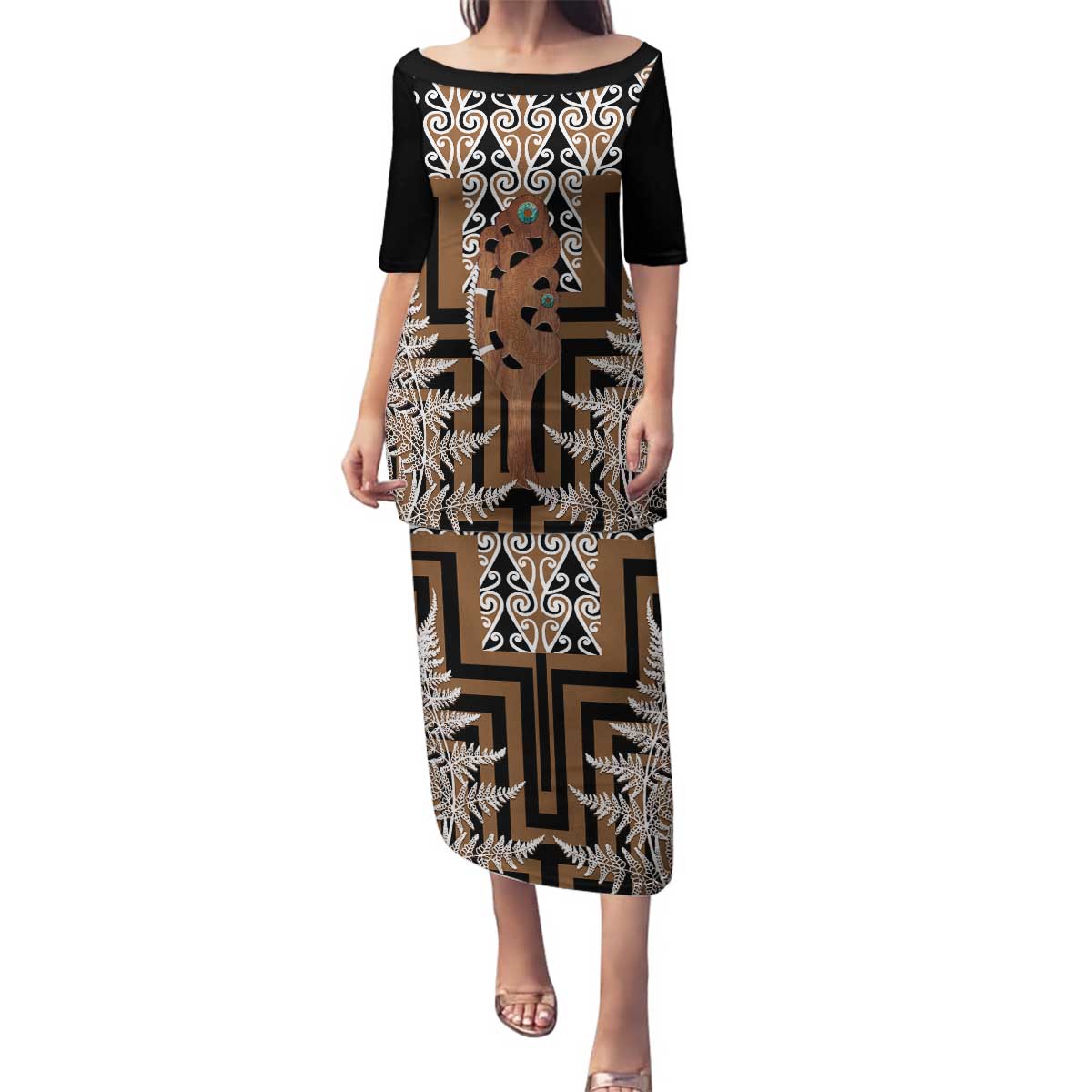 New Zealand Family Matching Puletasi and Hawaiian Shirt Maori Maripi Knife With Poutama Art LT14 Mom's Dress Brown - Polynesian Pride