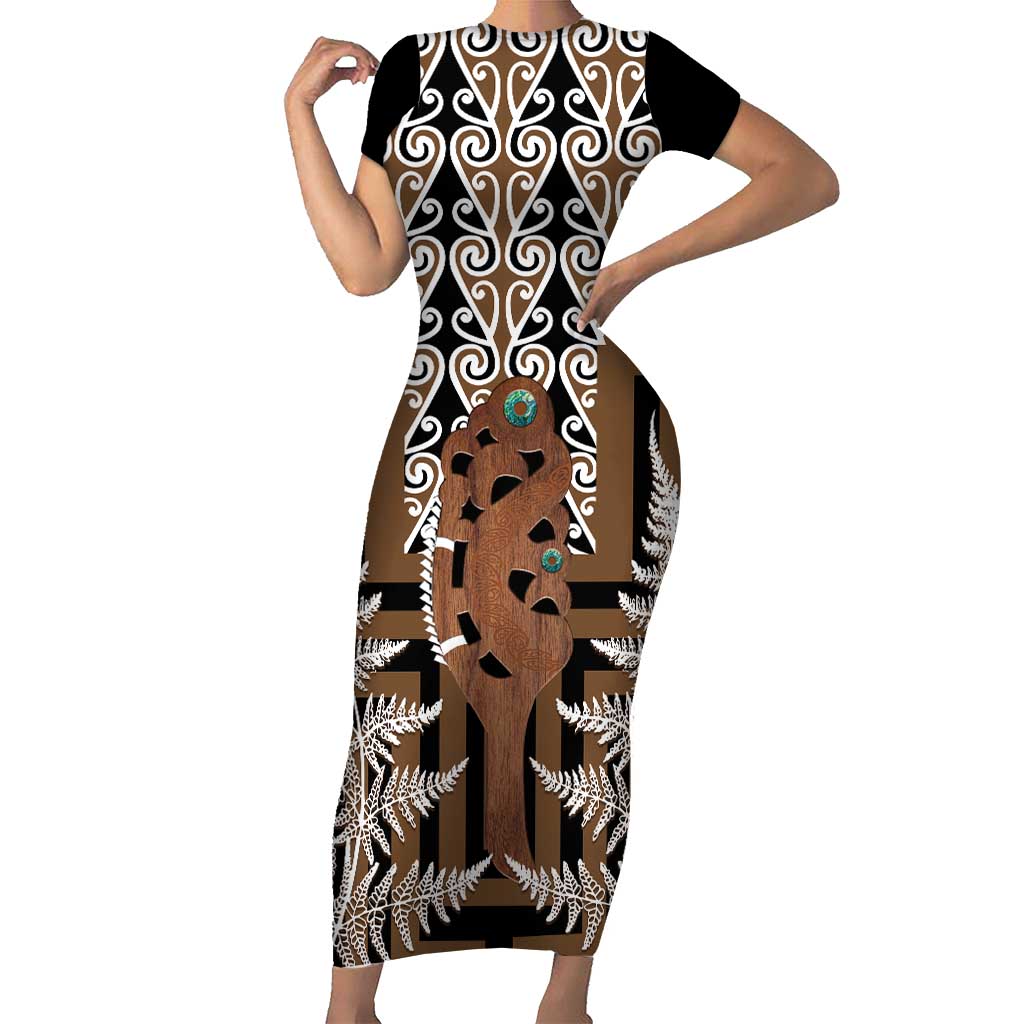 New Zealand Family Matching Short Sleeve Bodycon Dress and Hawaiian Shirt Maori Maripi Knife With Poutama Art LT14 Mom's Dress Brown - Polynesian Pride