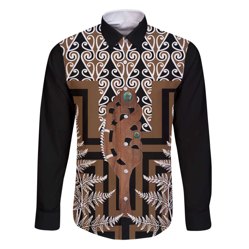 New Zealand Family Matching Summer Maxi Dress and Hawaiian Shirt Maori Maripi Knife With Poutama Art LT14 Dad's Shirt - Long Sleeve Brown - Polynesian Pride
