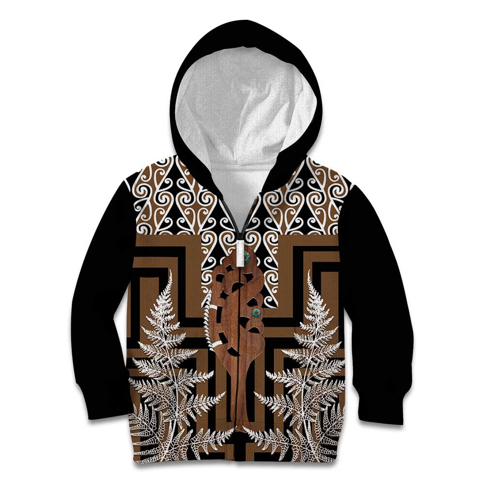 New Zealand Kid Hoodie Maori Maripi Knife With Poutama Art LT14 Zip Hoodie Brown - Polynesian Pride