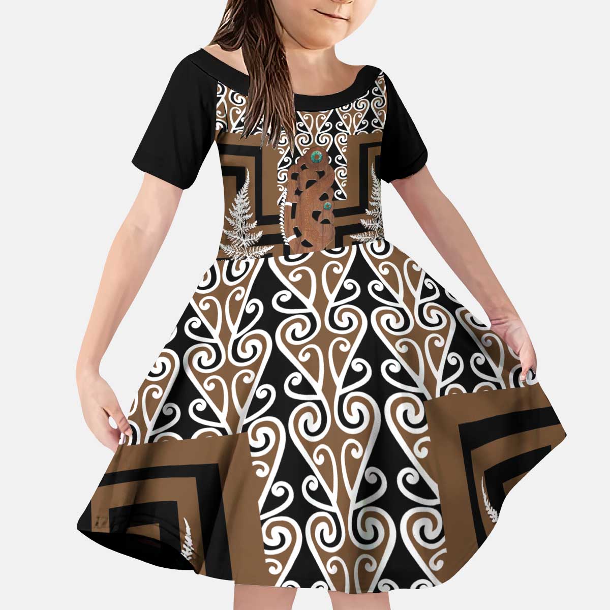 New Zealand Kid Short Sleeve Dress Maori Maripi Knife With Poutama Art LT14 KID Brown - Polynesian Pride