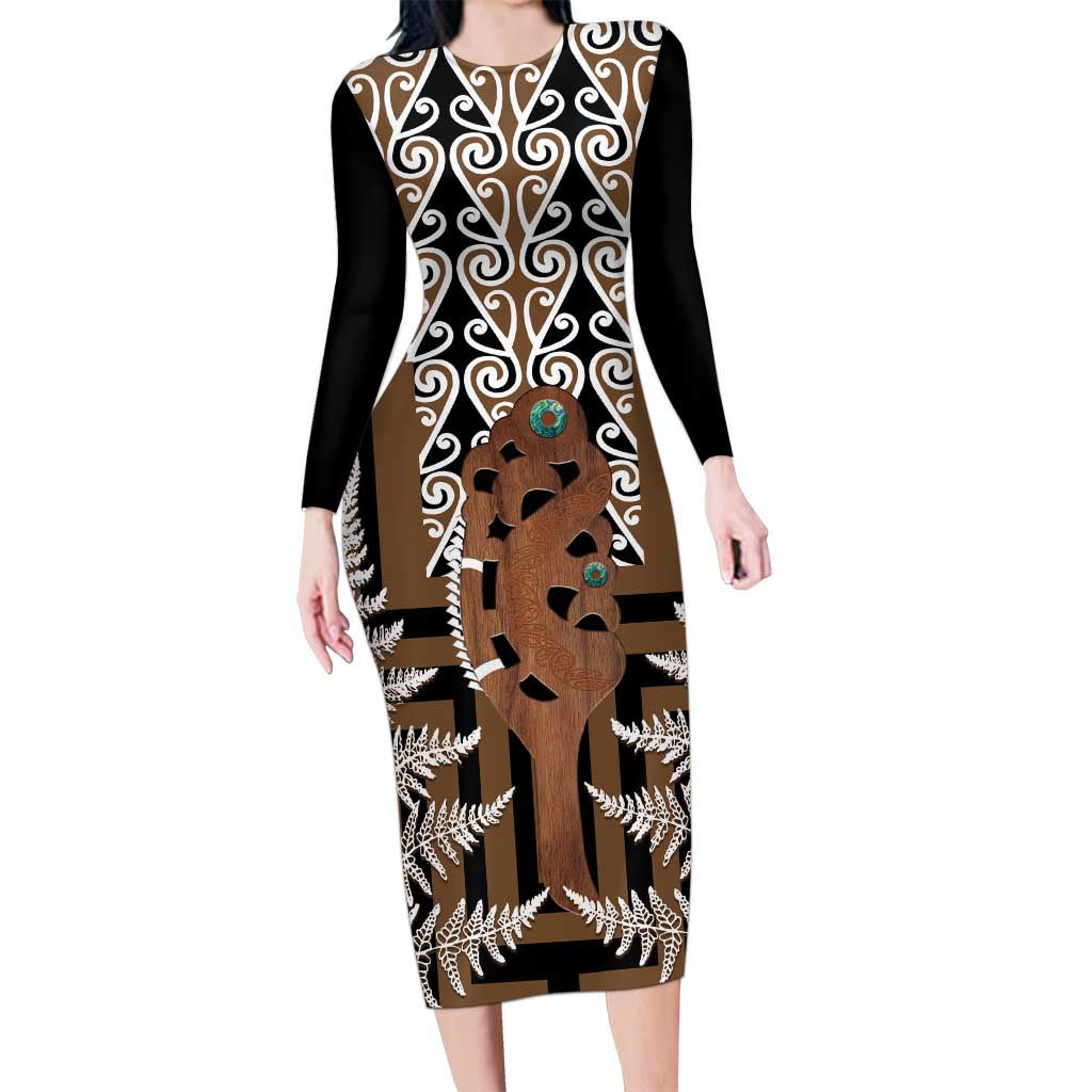 New Zealand Long Sleeve Bodycon Dress Maori Maripi Knife With Poutama Art LT14 Long Dress Brown - Polynesian Pride