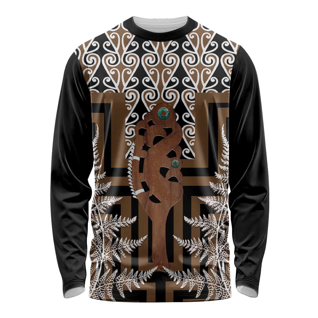 New Zealand Long Sleeve Shirt Maori Maripi Knife With Poutama Art LT14 Unisex Brown - Polynesian Pride