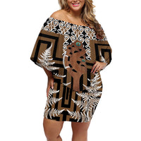 New Zealand Off Shoulder Short Dress Maori Maripi Knife With Poutama Art LT14 Women Brown - Polynesian Pride