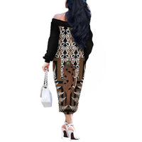 New Zealand Off The Shoulder Long Sleeve Dress Maori Maripi Knife With Poutama Art LT14 - Polynesian Pride