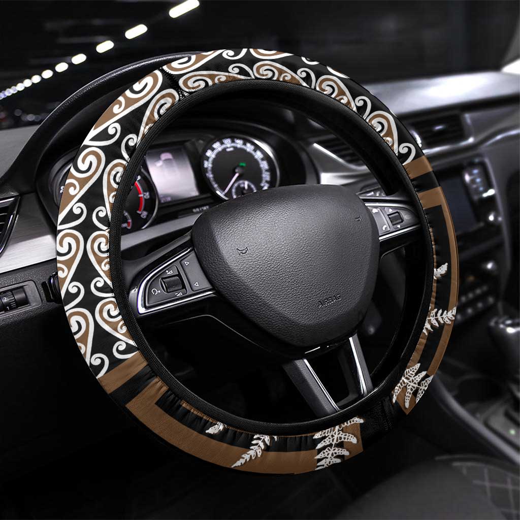 New Zealand Steering Wheel Cover Maori Maripi Knife With Poutama Art LT14 Universal Fit Brown - Polynesian Pride
