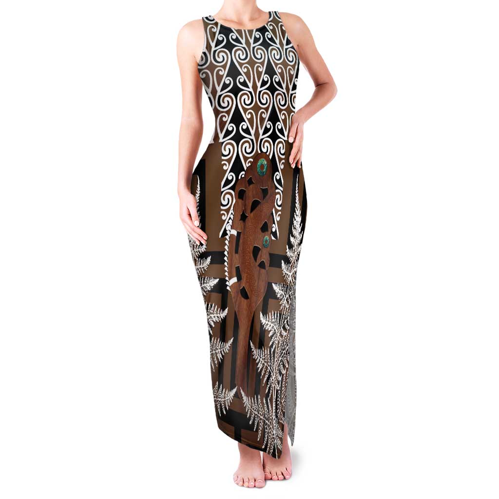 New Zealand Tank Maxi Dress Maori Maripi Knife With Poutama Art LT14 Women Brown - Polynesian Pride