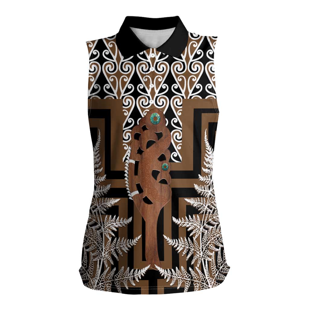 New Zealand Women Sleeveless Polo Shirt Maori Maripi Knife With Poutama Art LT14 Female Brown - Polynesian Pride