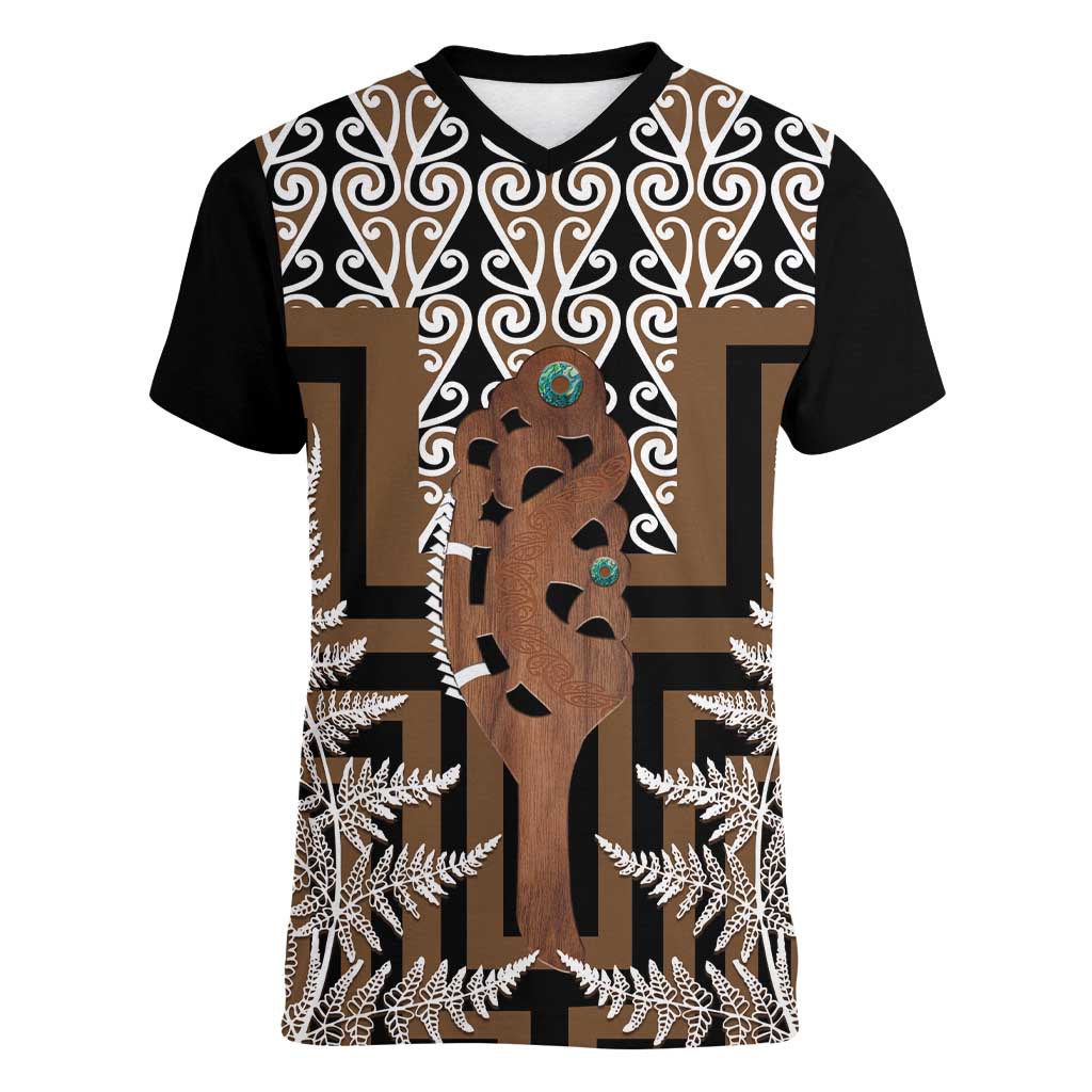 New Zealand Women V-Neck T-Shirt Maori Maripi Knife With Poutama Art LT14 Female Brown - Polynesian Pride