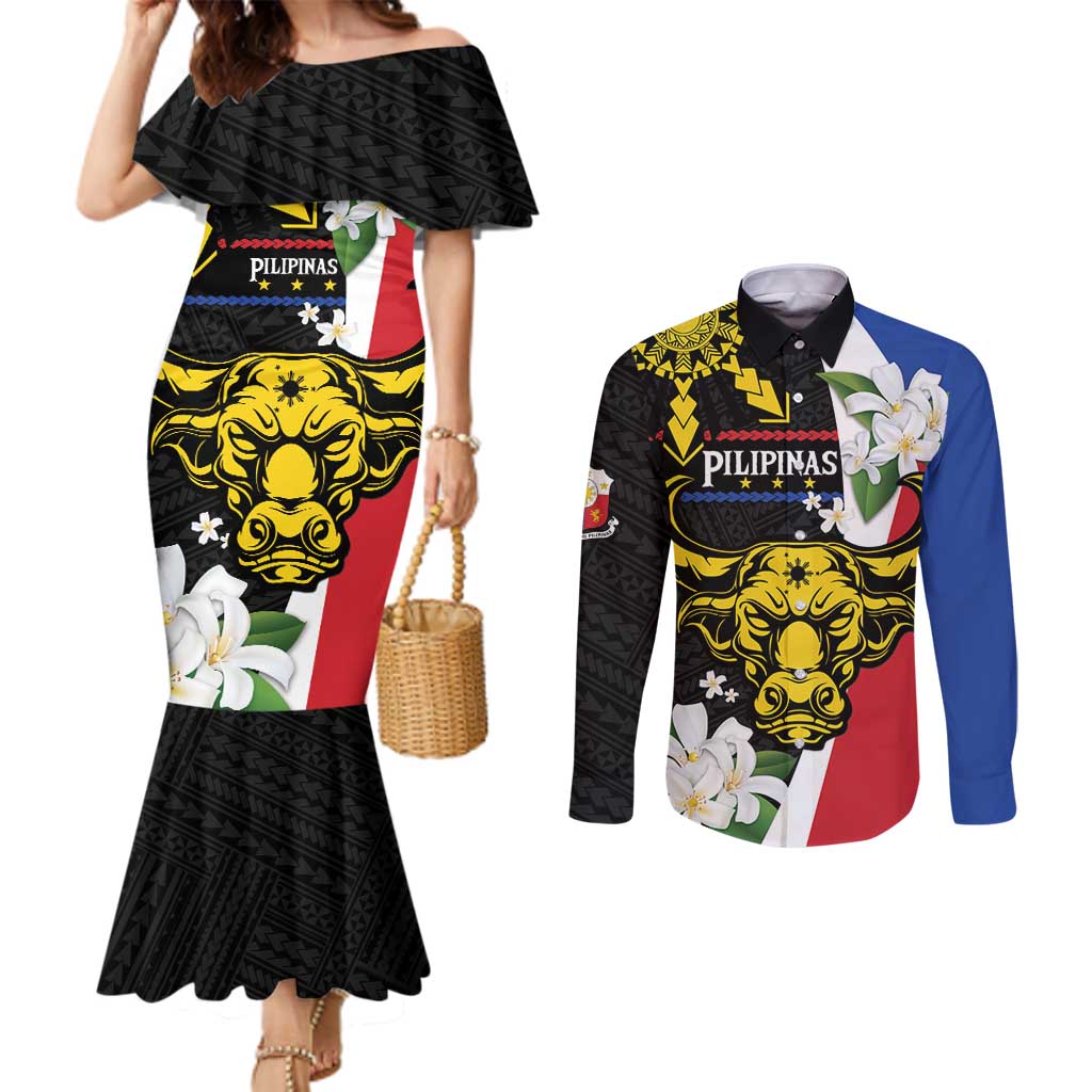 Personalised Philippines Carabao Couples Matching Mermaid Dress and Long Sleeve Button Shirt Filipino Sun Mix Sampaguita Flower LT14 Black - Polynesian Pride