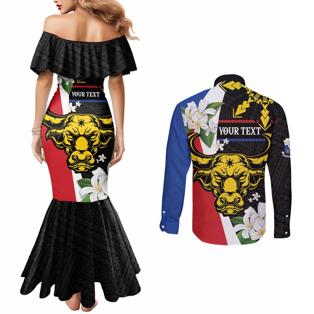 Personalised Philippines Carabao Couples Matching Mermaid Dress and Long Sleeve Button Shirt Filipino Sun Mix Sampaguita Flower LT14 - Polynesian Pride