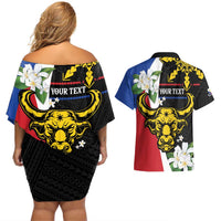 Personalised Philippines Carabao Couples Matching Off Shoulder Short Dress and Hawaiian Shirt Filipino Sun Mix Sampaguita Flower