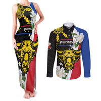 Personalised Philippines Carabao Couples Matching Tank Maxi Dress and Long Sleeve Button Shirt Filipino Sun Mix Sampaguita Flower LT14 Black - Polynesian Pride