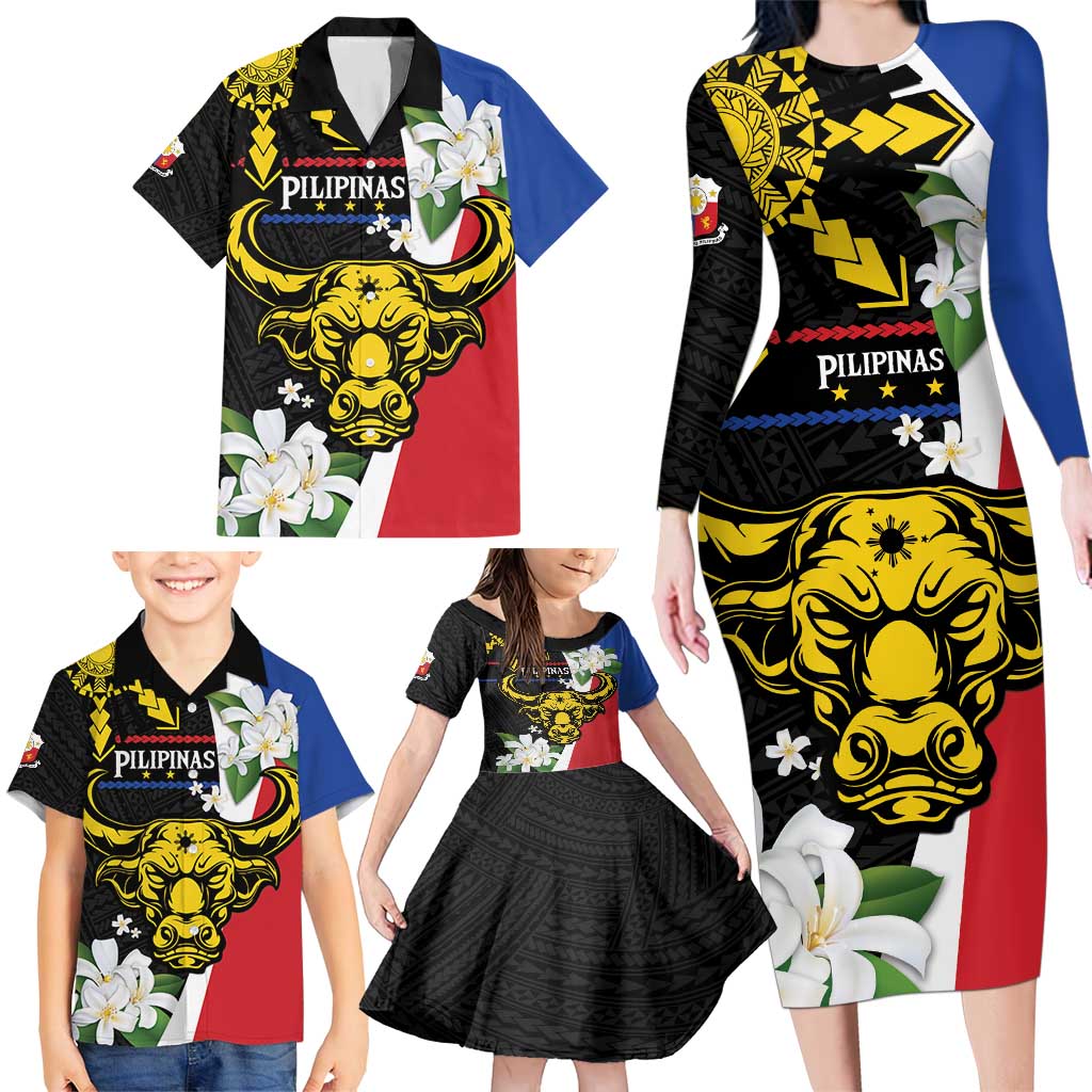 Personalised Philippines Carabao Family Matching Long Sleeve Bodycon Dress and Hawaiian Shirt Filipino Sun Mix Sampaguita Flower LT14 - Polynesian Pride
