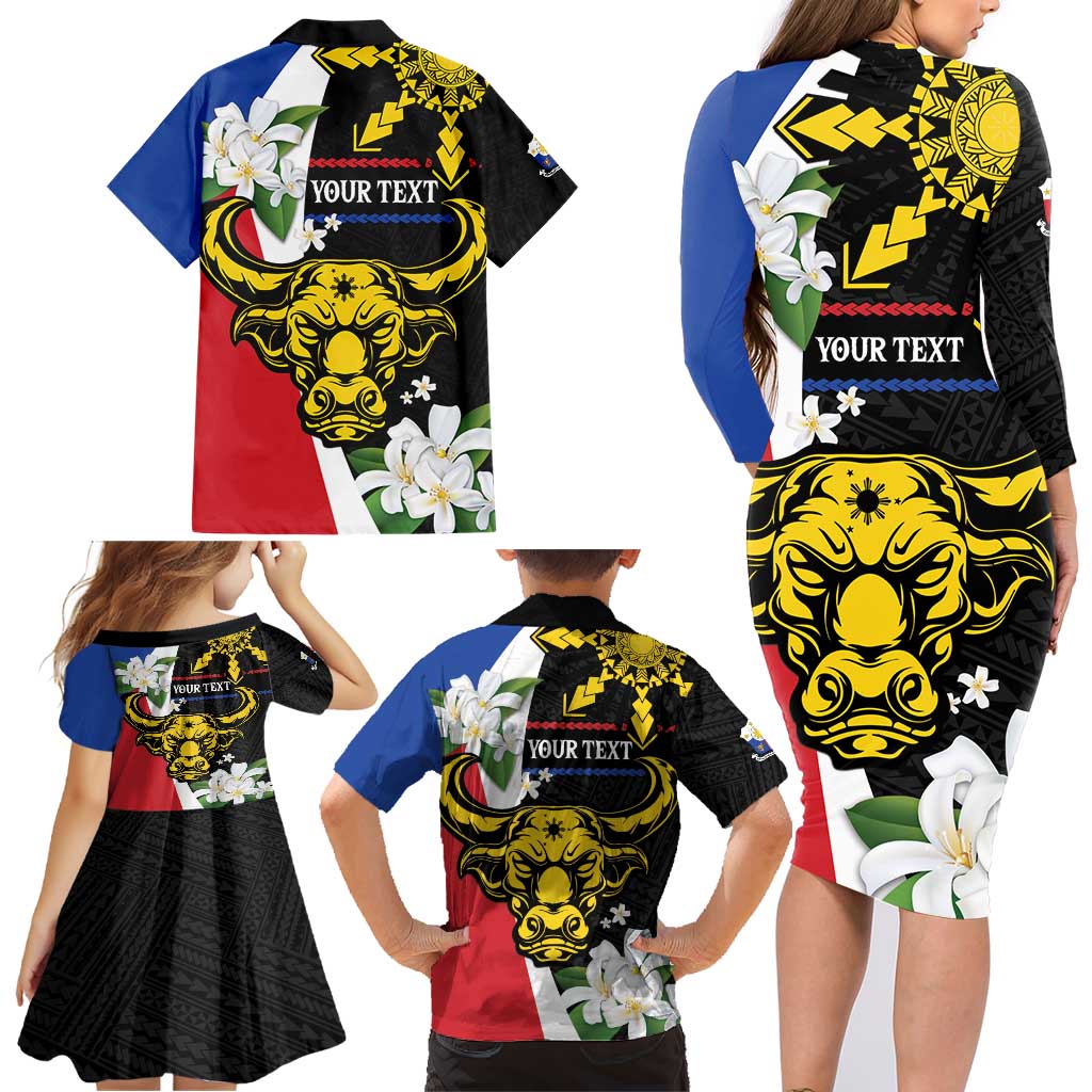 Personalised Philippines Carabao Family Matching Long Sleeve Bodycon Dress and Hawaiian Shirt Filipino Sun Mix Sampaguita Flower LT14 - Polynesian Pride