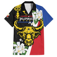 Personalised Philippines Carabao Family Matching Long Sleeve Bodycon Dress and Hawaiian Shirt Filipino Sun Mix Sampaguita Flower LT14 Dad's Shirt - Short Sleeve Black - Polynesian Pride