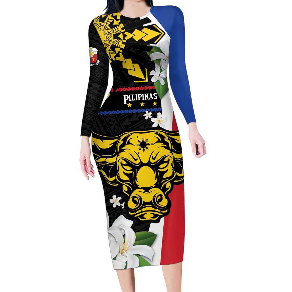 Personalised Philippines Carabao Family Matching Long Sleeve Bodycon Dress and Hawaiian Shirt Filipino Sun Mix Sampaguita Flower LT14 Mom's Dress Black - Polynesian Pride