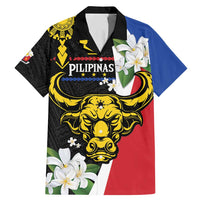 Personalised Philippines Carabao Family Matching Mermaid Dress and Hawaiian Shirt Filipino Sun Mix Sampaguita Flower LT14 Dad's Shirt - Short Sleeve Black - Polynesian Pride