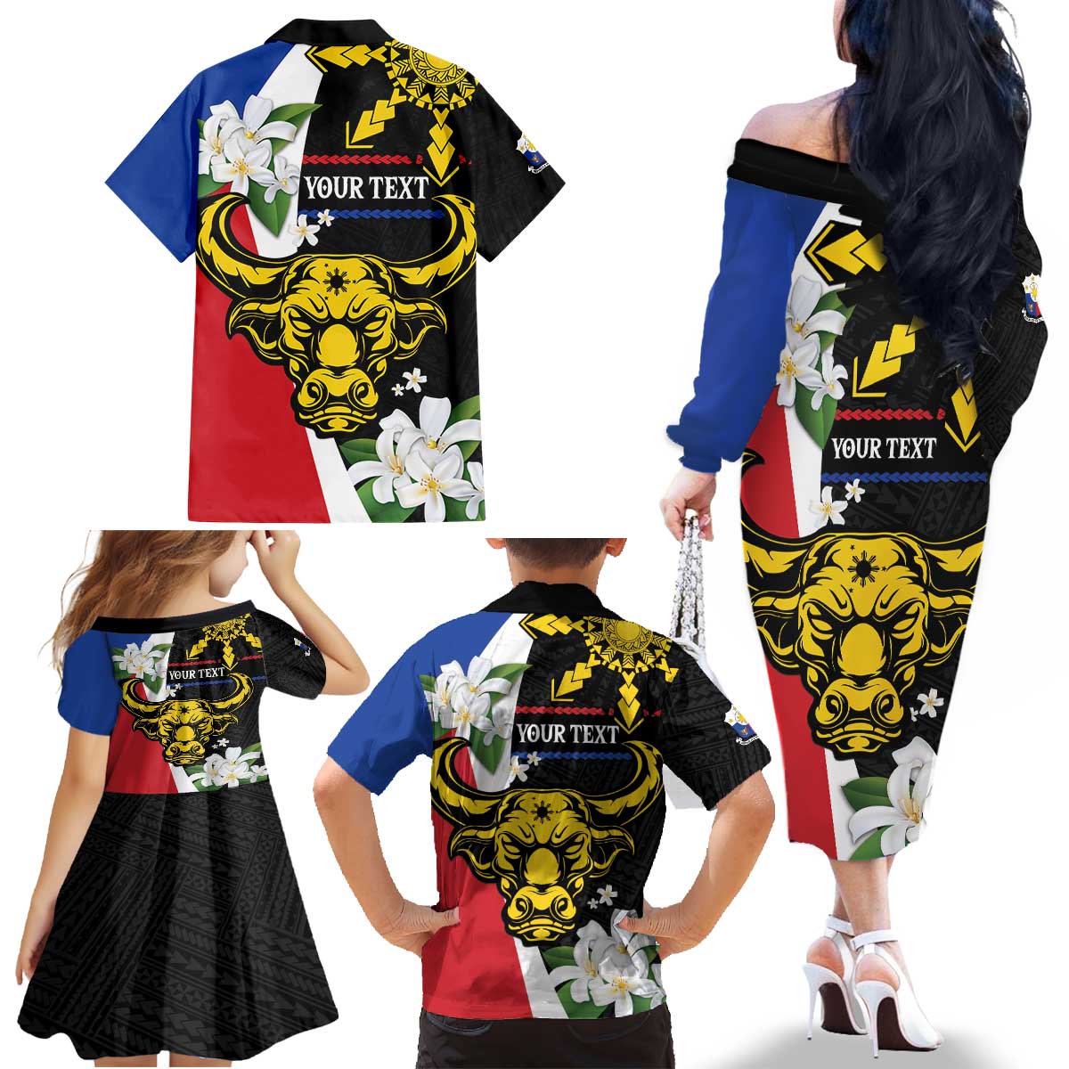 Personalised Philippines Carabao Family Matching Off The Shoulder Long Sleeve Dress and Hawaiian Shirt Filipino Sun Mix Sampaguita Flower LT14 - Polynesian Pride