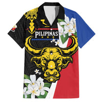 Personalised Philippines Carabao Family Matching Off Shoulder Maxi Dress and Hawaiian Shirt Filipino Sun Mix Sampaguita Flower LT14 Dad's Shirt - Short Sleeve Black - Polynesian Pride