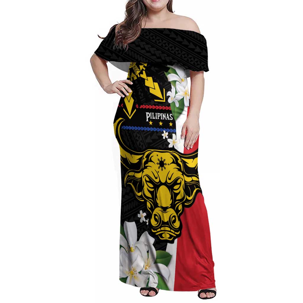 Personalised Philippines Carabao Family Matching Off Shoulder Maxi Dress and Hawaiian Shirt Filipino Sun Mix Sampaguita Flower LT14 Mom's Dress Black - Polynesian Pride