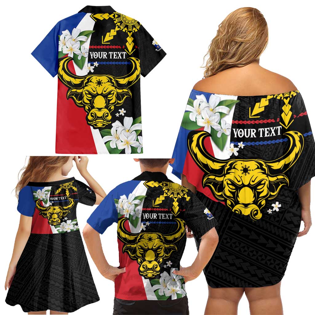 Personalised Philippines Carabao Family Matching Off Shoulder Short Dress and Hawaiian Shirt Filipino Sun Mix Sampaguita Flower LT14 - Polynesian Pride