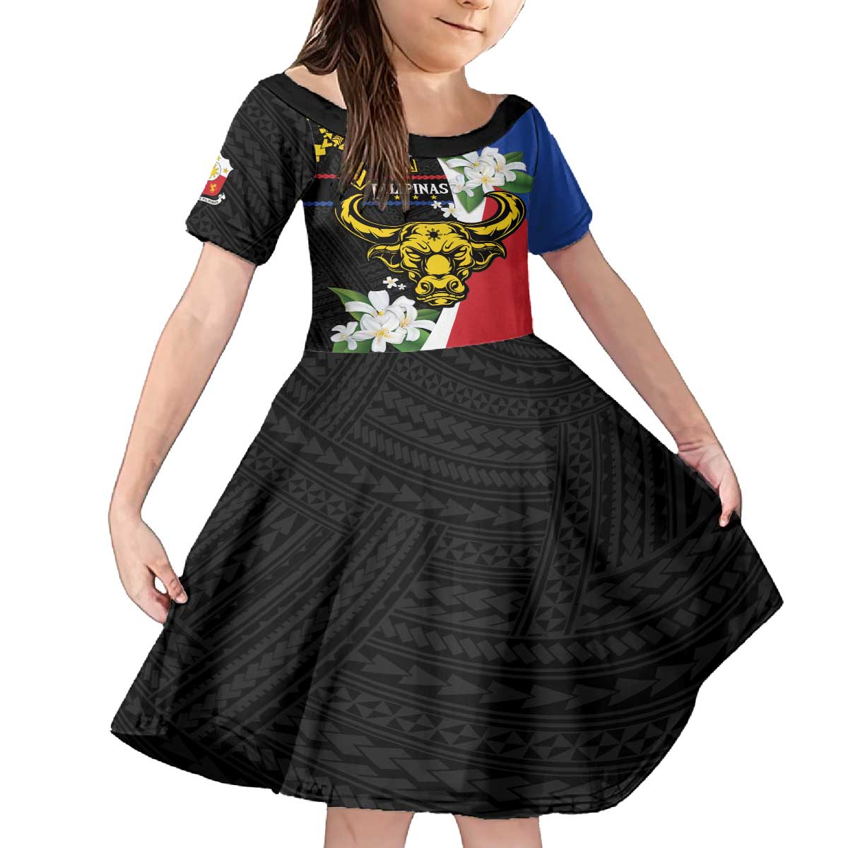Personalised Philippines Carabao Family Matching Puletasi and Hawaiian Shirt Filipino Sun Mix Sampaguita Flower LT14 Daughter's Dress Black - Polynesian Pride