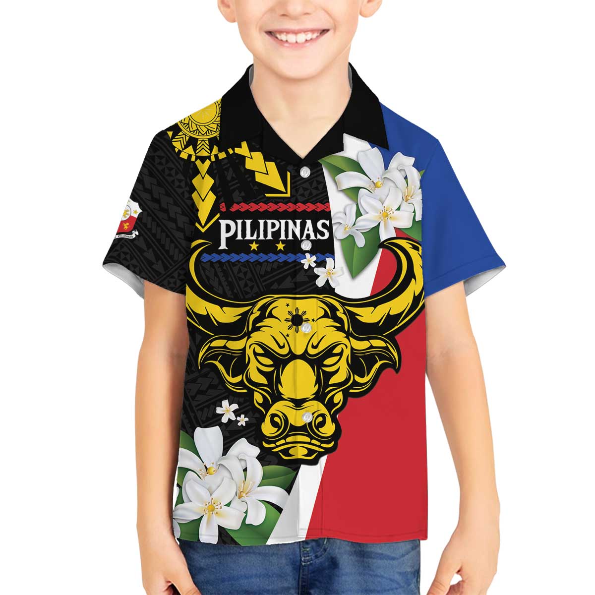 Personalised Philippines Carabao Family Matching Puletasi and Hawaiian Shirt Filipino Sun Mix Sampaguita Flower LT14 Son's Shirt Black - Polynesian Pride