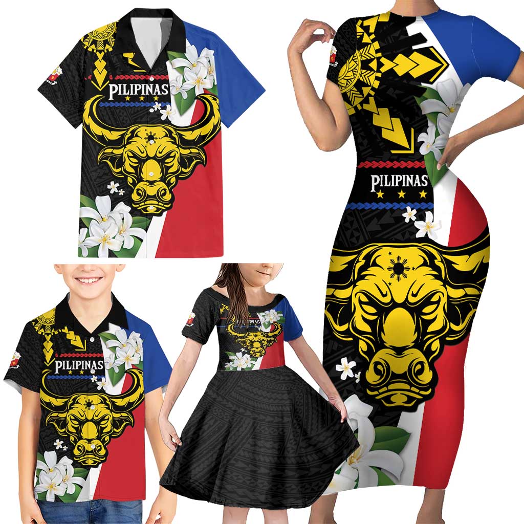 Personalised Philippines Carabao Family Matching Short Sleeve Bodycon Dress and Hawaiian Shirt Filipino Sun Mix Sampaguita Flower LT14 - Polynesian Pride