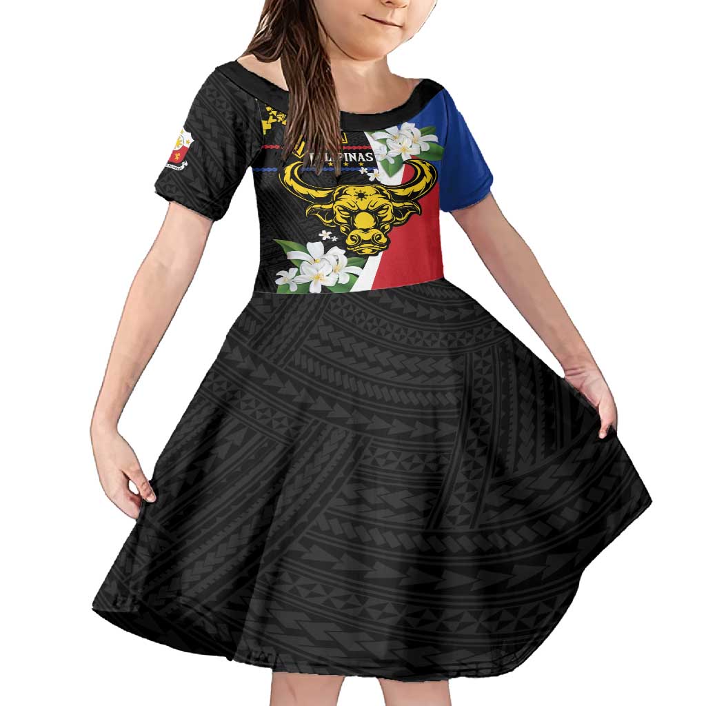 Personalised Philippines Carabao Family Matching Tank Maxi Dress and Hawaiian Shirt Filipino Sun Mix Sampaguita Flower LT14 Daughter's Dress Black - Polynesian Pride