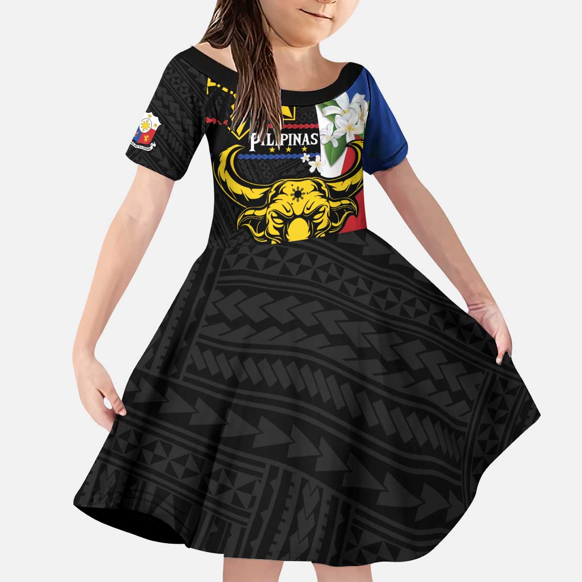 Personalised Philippines Carabao Kid Short Sleeve Dress Filipino Sun Mix Sampaguita Flower LT14 KID Black - Polynesian Pride